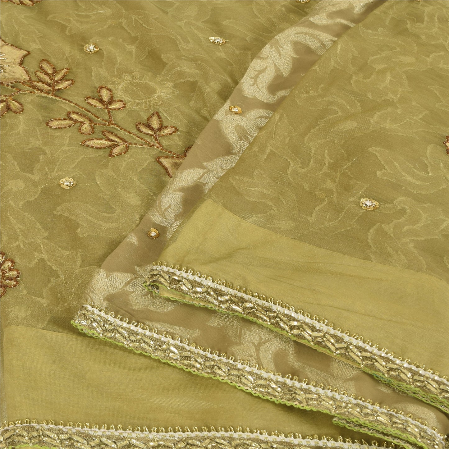 Sanskriti Vintage Green Sarees Net/Georgette Hand Bead Woven Sequins Fabric Sari