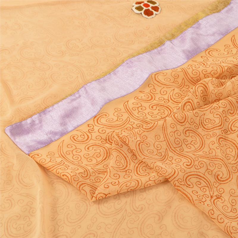 Sanskriti Vintage Peach Sarees Pure Chiffon Embroidered 5+ yrd Craft Fabric Sari