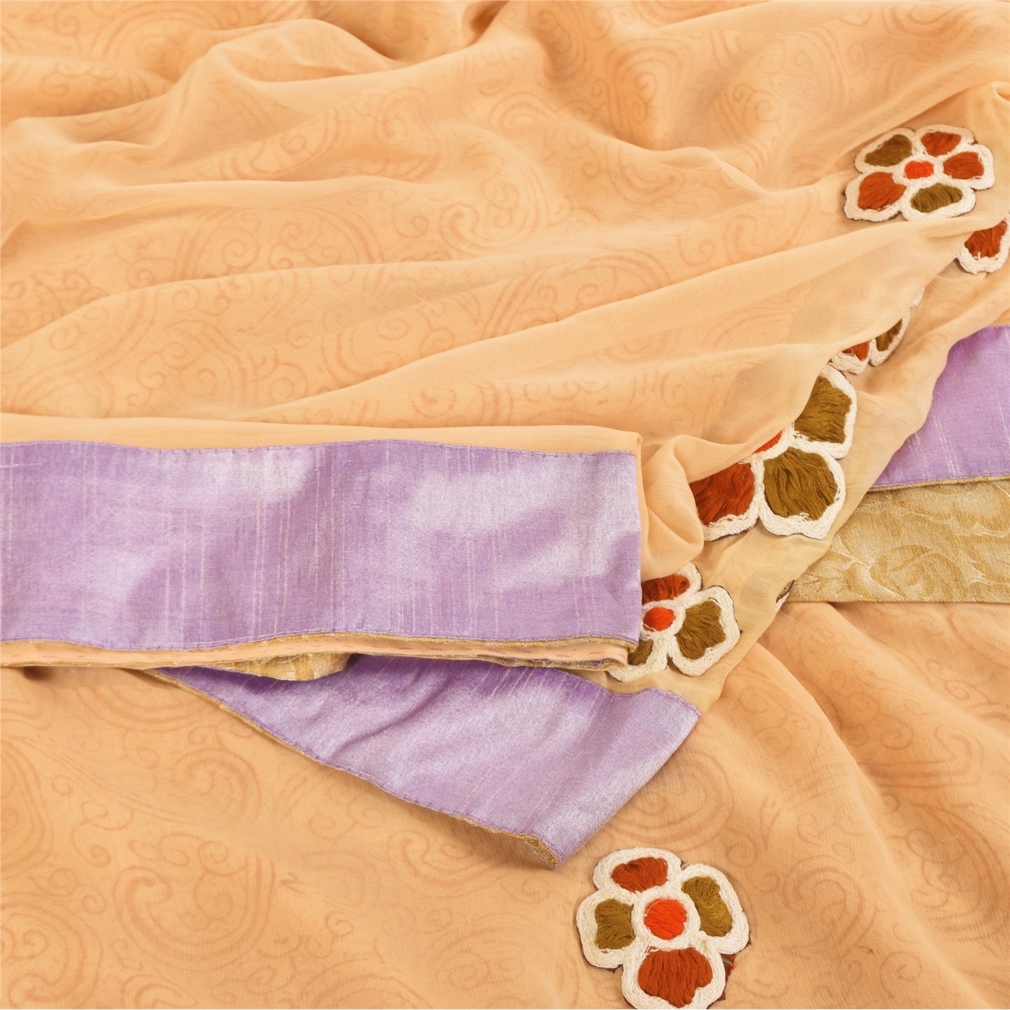 Sanskriti Vintage Peach Sarees Pure Chiffon Embroidered 5+ yrd Craft Fabric Sari