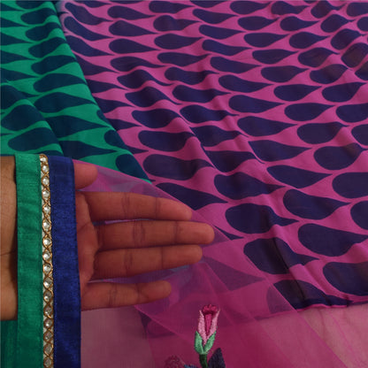 Sanskriti Vintage Sari Georgette Indian Saree Hand Beaded Purple 5yd Craft Fabric Add-Elegance to Table Linen, Curtains, or Cushions