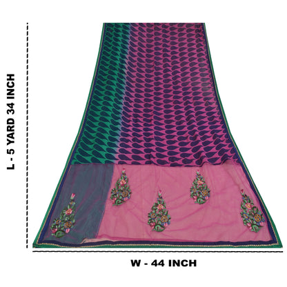 Sanskriti Vintage Sari Georgette Indian Saree Hand Beaded Purple 5yd Craft Fabric Add-Elegance to Table Linen, Curtains, or Cushions