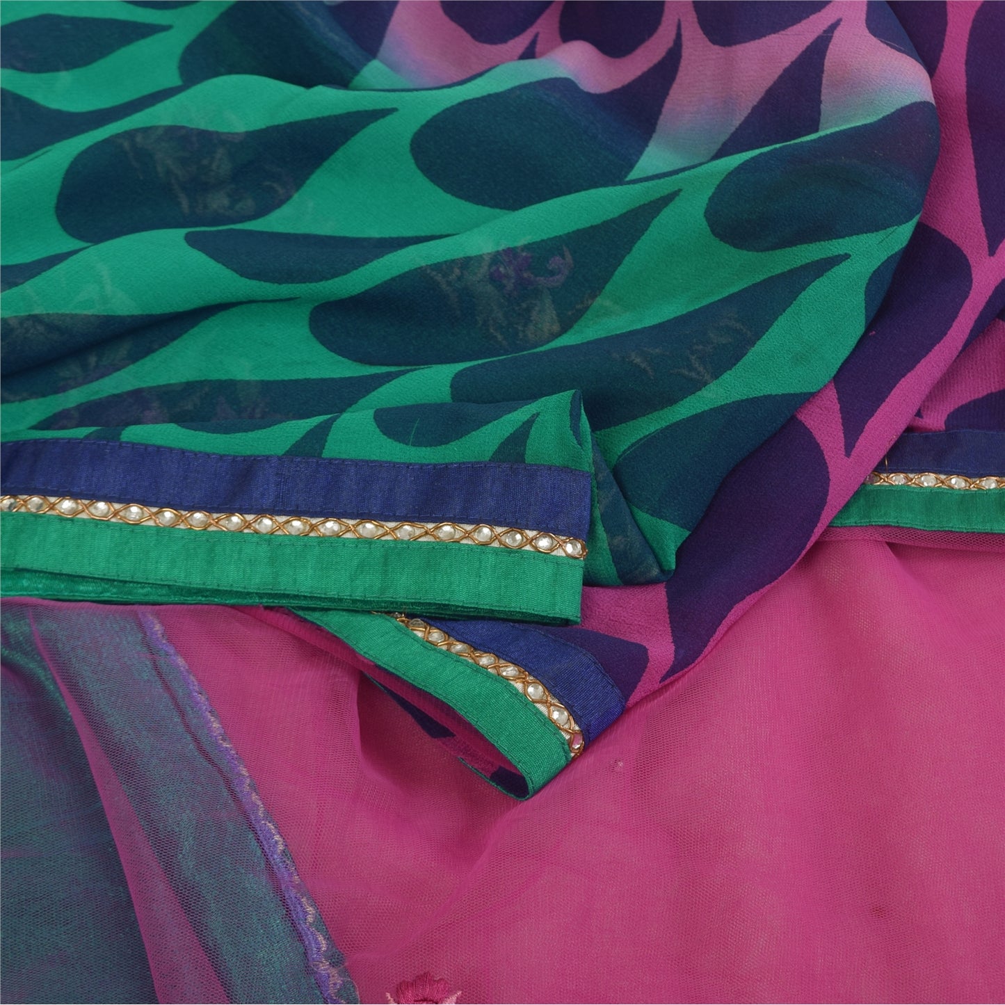 Sanskriti Vintage Sari Georgette Indian Saree Hand Beaded Purple 5yd Craft Fabric Add-Elegance to Table Linen, Curtains, or Cushions