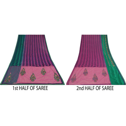 Sanskriti Vintage Sari Georgette Indian Saree Hand Beaded Purple 5yd Craft Fabric Add-Elegance to Table Linen, Curtains, or Cushions