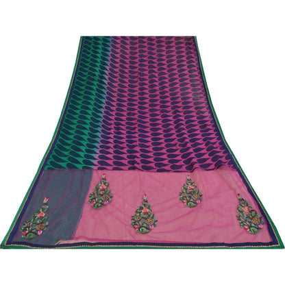 Sanskriti Vintage Sari Georgette Indian Saree Hand Beaded Purple 5yd Craft Fabric Add-Elegance to Table Linen, Curtains, or Cushions