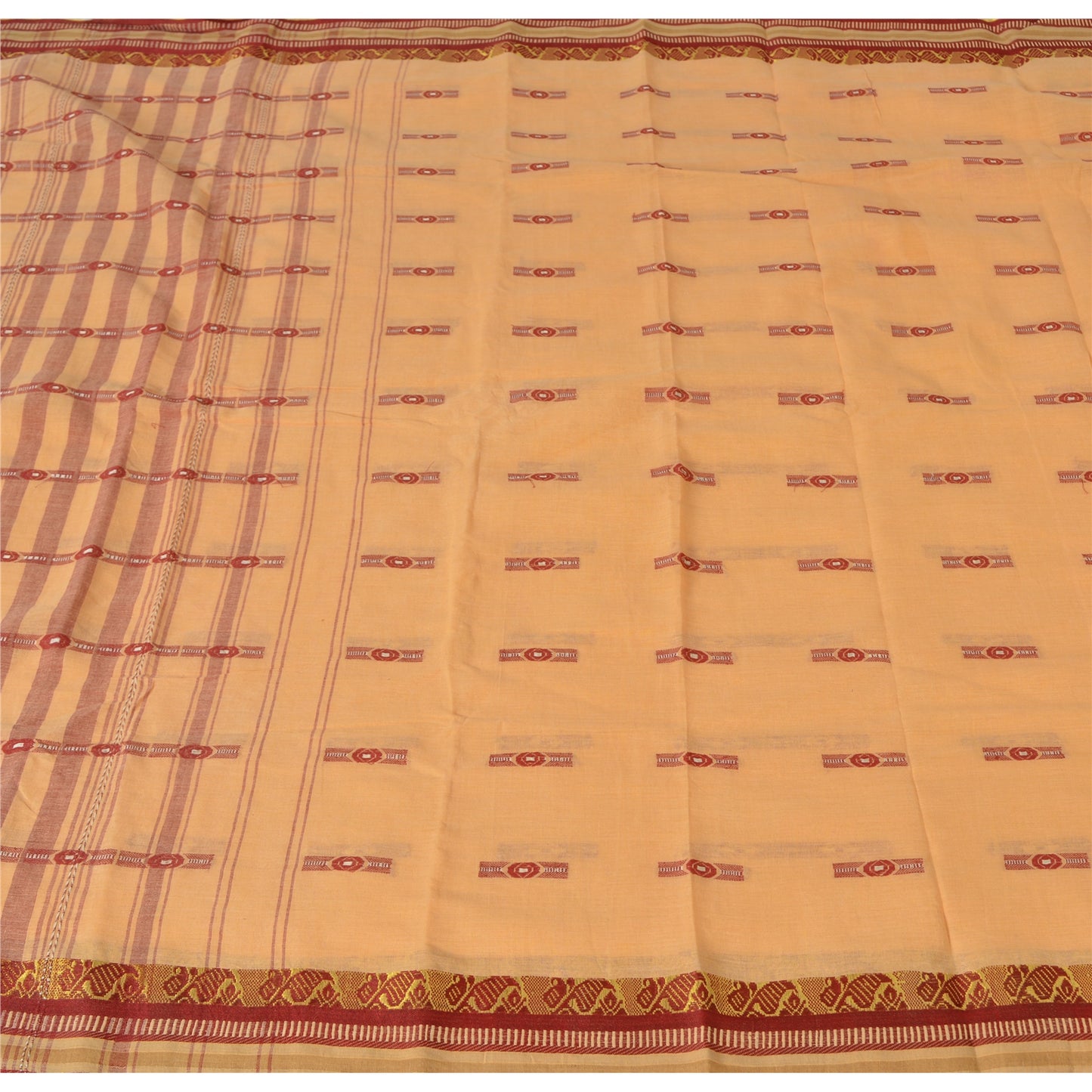 Sanskriti Vintage Peach Sarees Pure Cotton Bengali Hand Woven Sari Craft Fabric