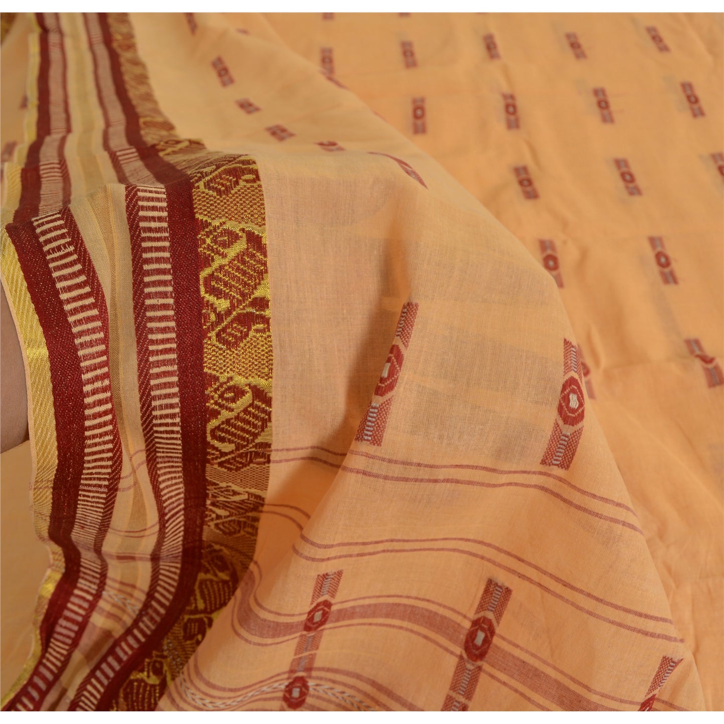 Sanskriti Vintage Peach Sarees Pure Cotton Bengali Hand Woven Sari Craft Fabric