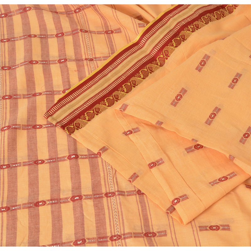 Sanskriti Vintage Peach Cotton Sari: Handwoven Bengali Woven Saree Fabric, 5yd Design- Dresses, Kaftans, Skirts, or Blouses, Projects