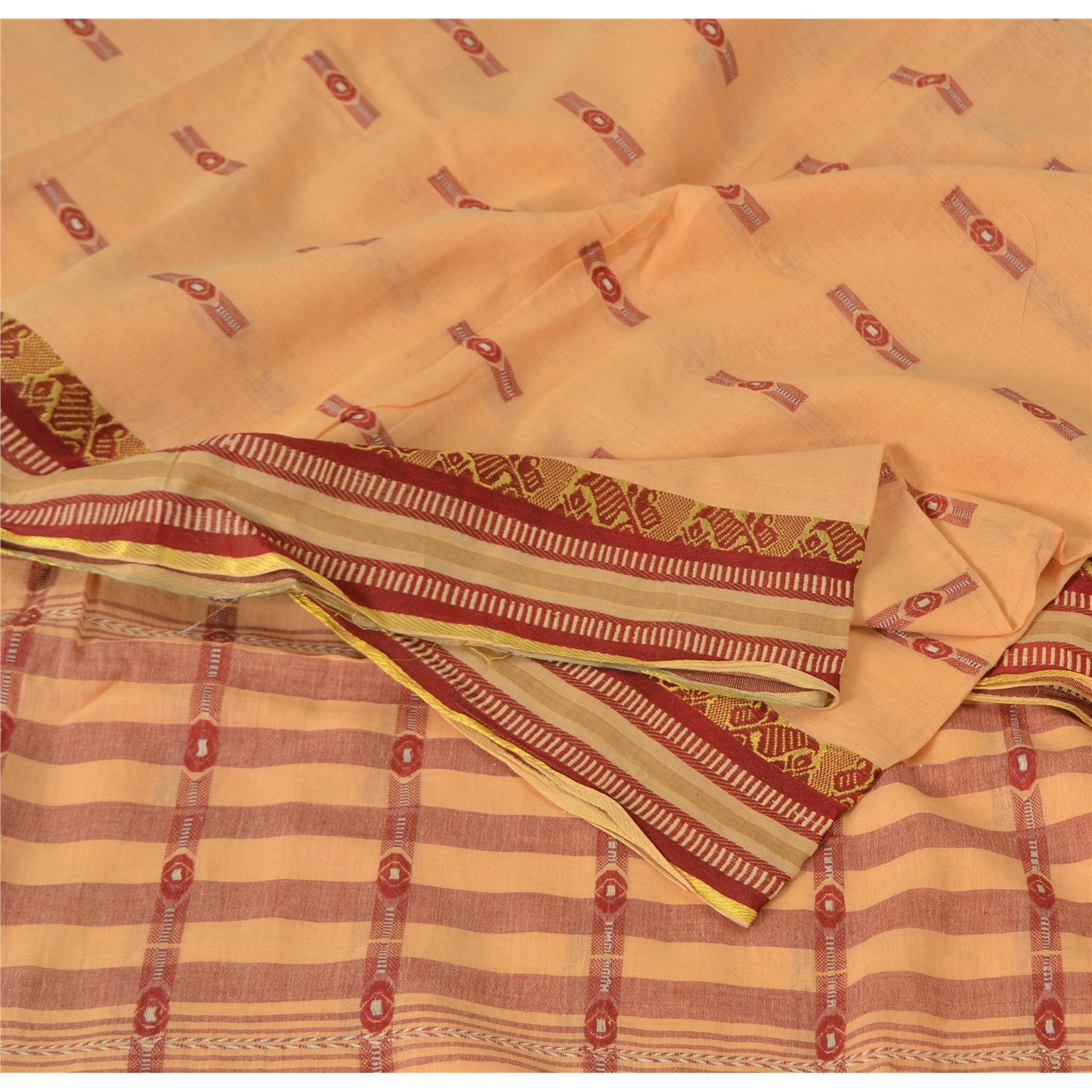 Sanskriti Vintage Peach Sarees Pure Cotton Bengali Hand Woven Sari Craft Fabric