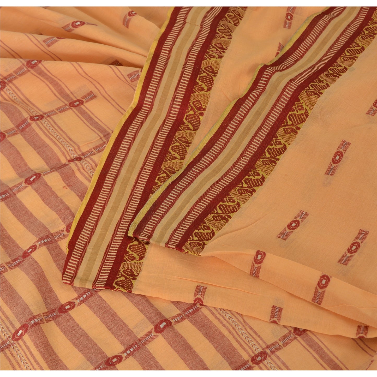Sanskriti Vintage Peach Sarees Pure Cotton Bengali Hand Woven Sari Craft Fabric