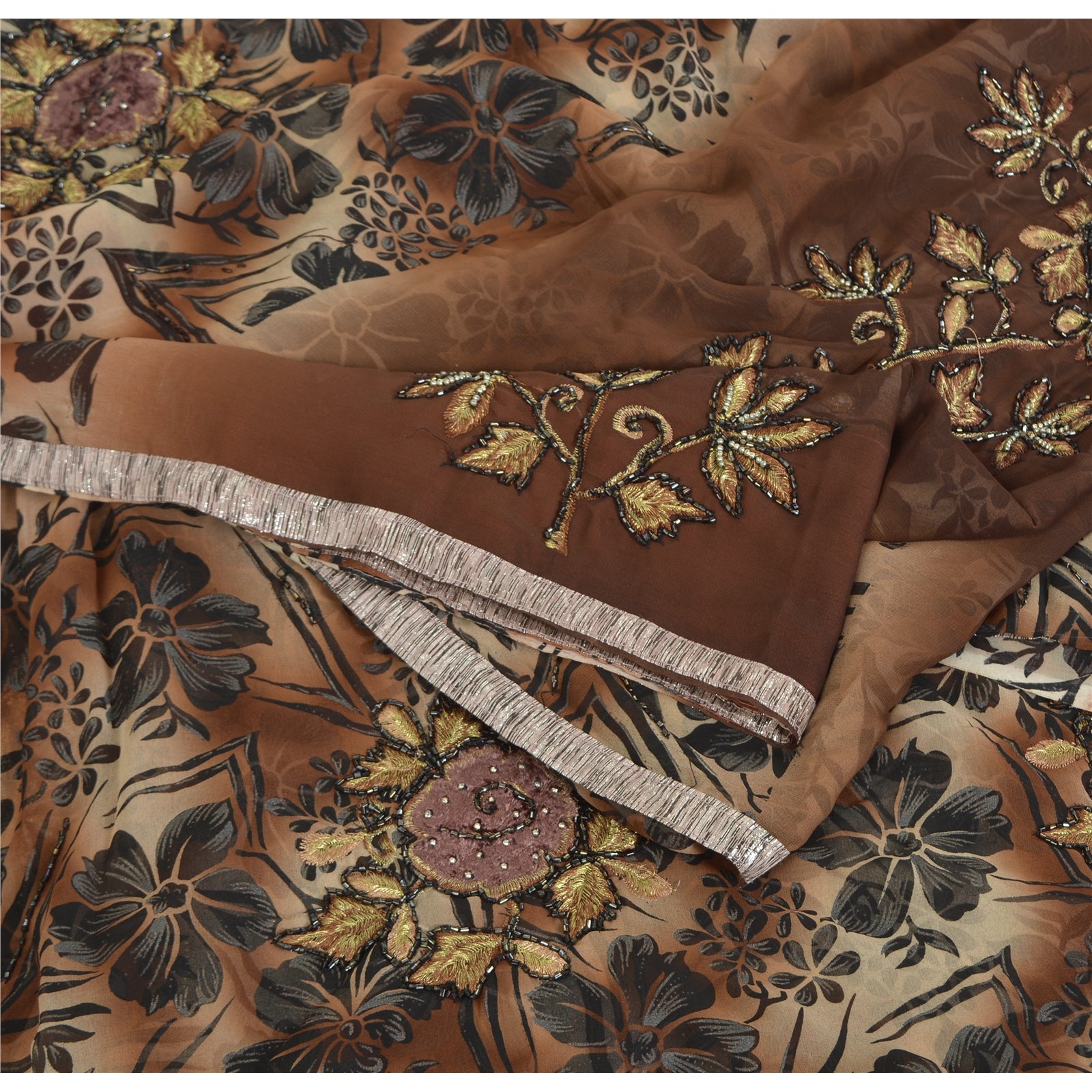 Sanskriti Vintage Brown Sarees Georgette Hand Beaded Premium Sari Craft Fabric