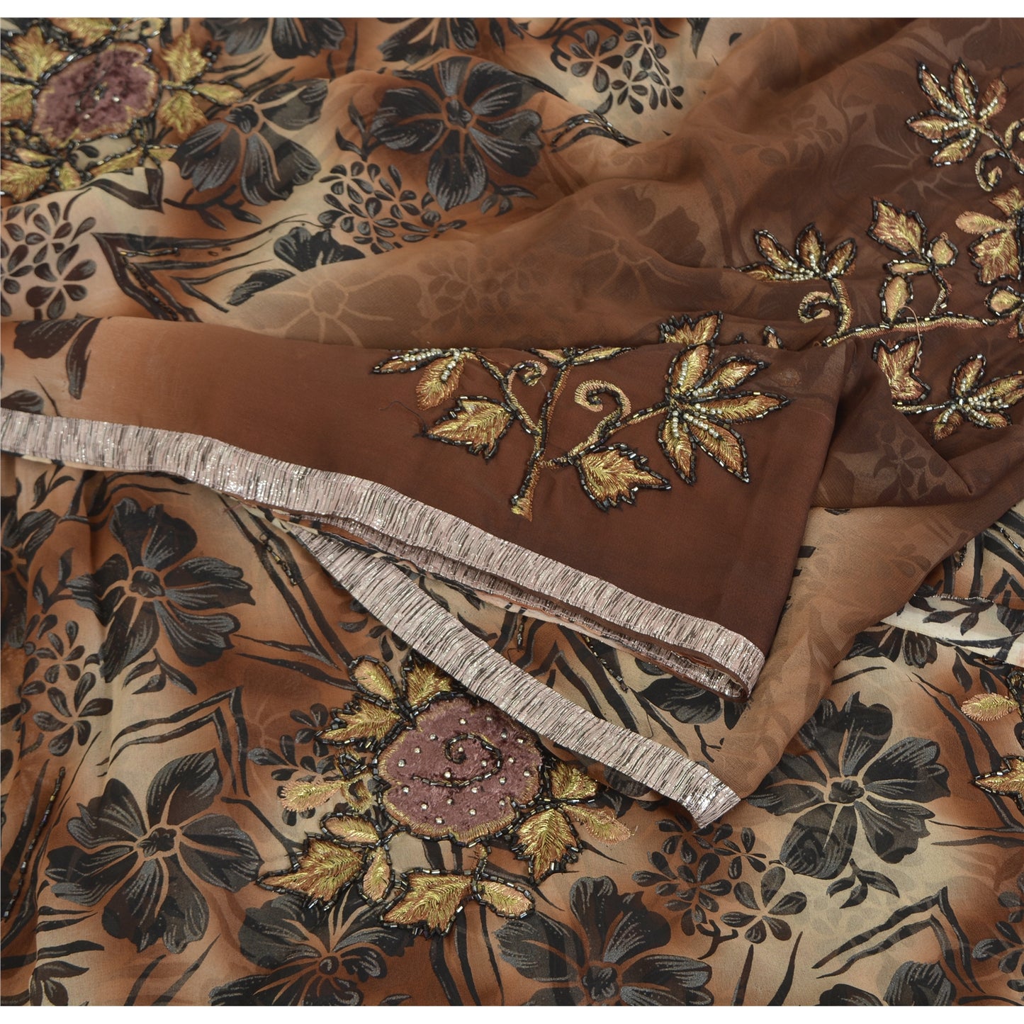 Sanskriti Vintage Brown Sarees Georgette Hand Beaded Premium Sari Craft Fabric