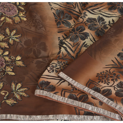 Sanskriti Vintage Brown Sarees Georgette Hand Beaded Premium Sari Craft Fabric