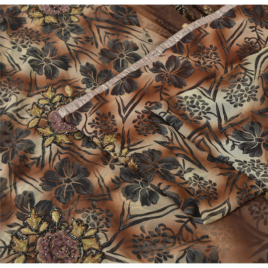 Sanskriti Vintage Brown Sarees Georgette Hand Beaded Premium Sari Craft Fabric