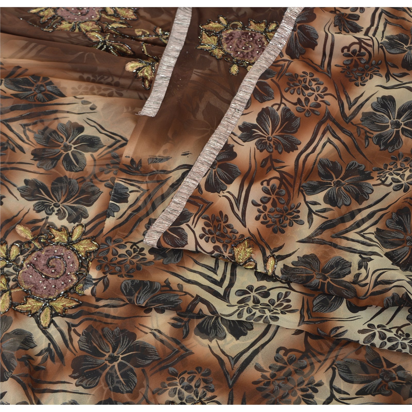 Sanskriti Vintage Brown Sarees Georgette Hand Beaded Premium Sari Craft Fabric