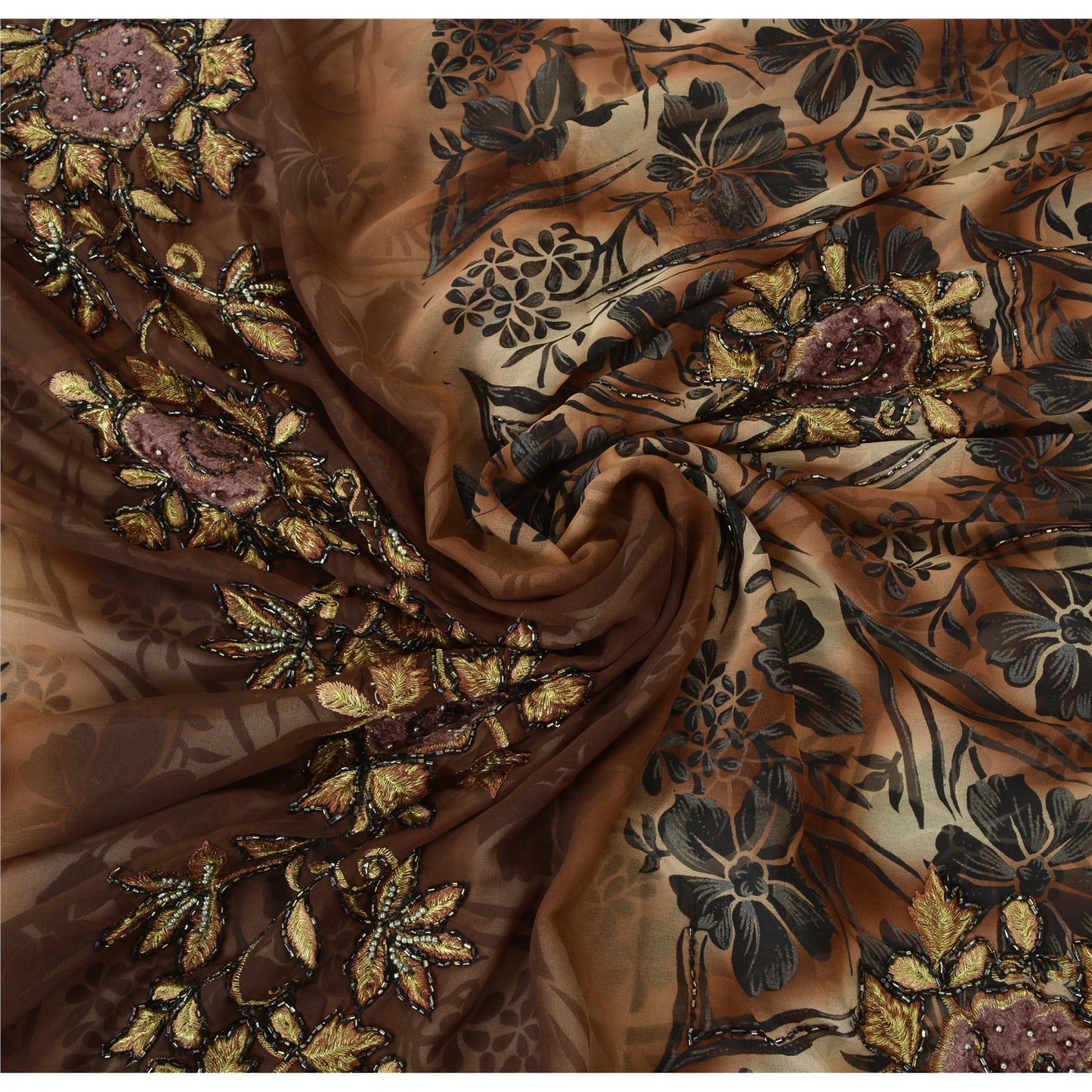 Sanskriti Vintage Brown Sarees Georgette Hand Beaded Premium Sari Craft Fabric