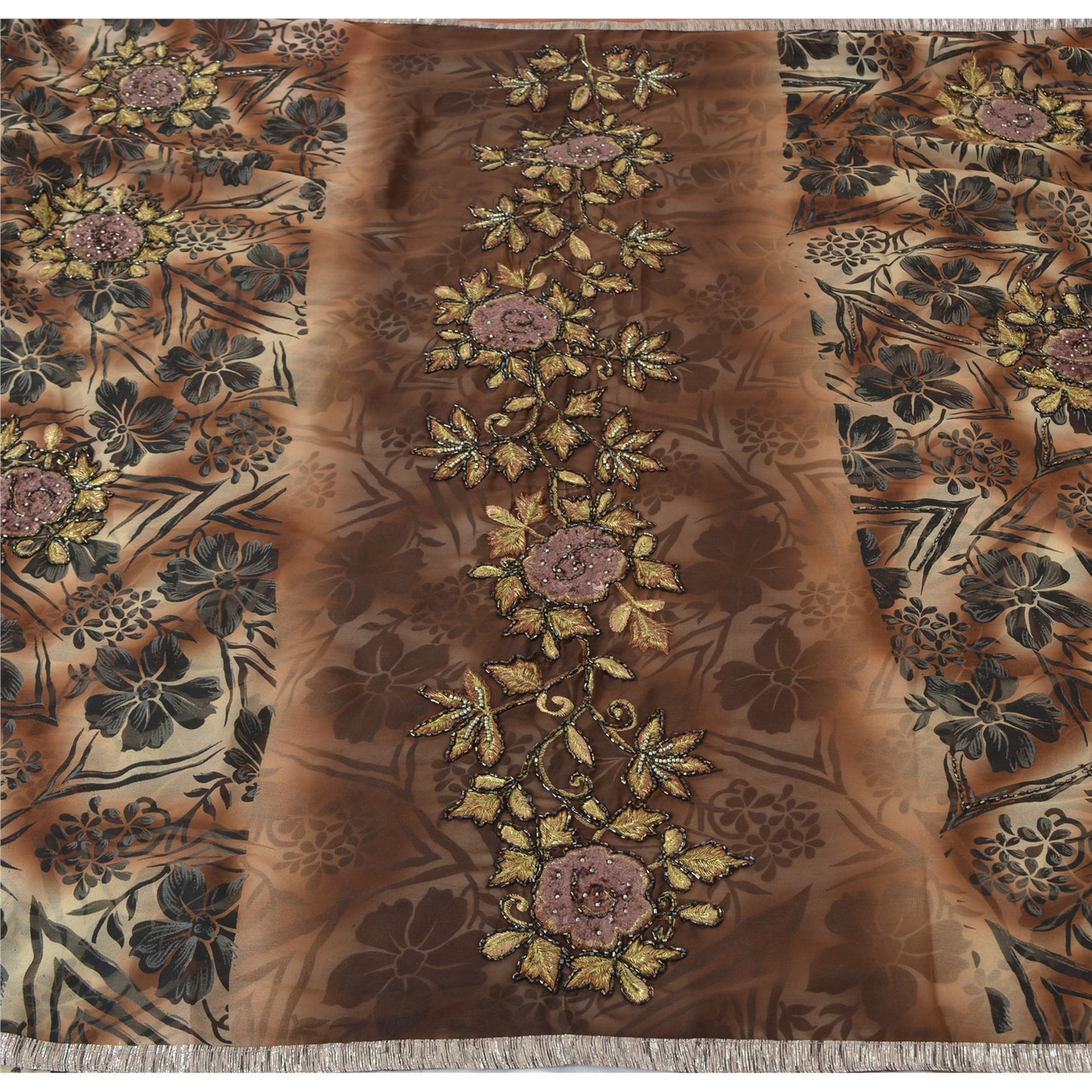 Sanskriti Vintage Brown Sarees Georgette Hand Beaded Premium Sari Craft Fabric