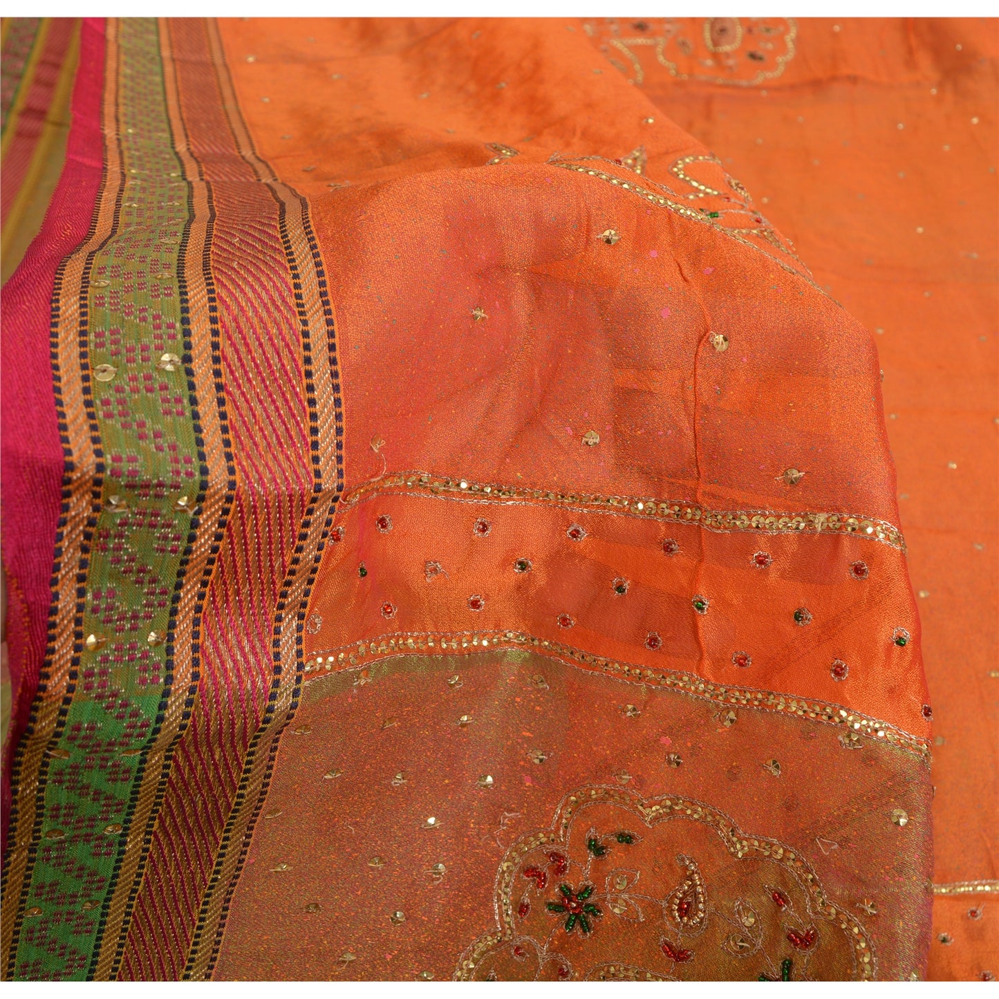 Sanskriti Vintage Orange Sarees Pure Organza Silk Hand Beaded Sari 5YD Fabric