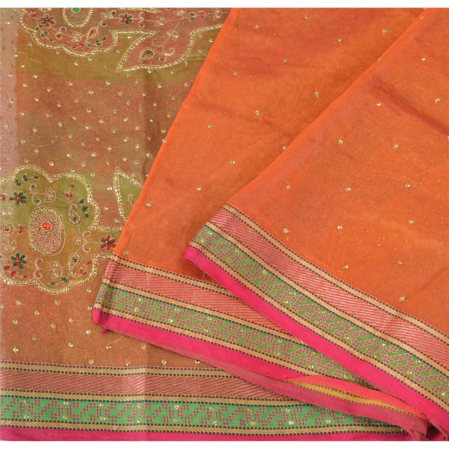 Sanskriti Vintage Orange Sarees Pure Organza Silk Hand Beaded Sari 5YD Fabric