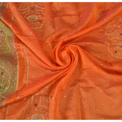 Sanskriti Vintage Orange Sarees Pure Organza Silk Hand Beaded Sari 5YD Fabric