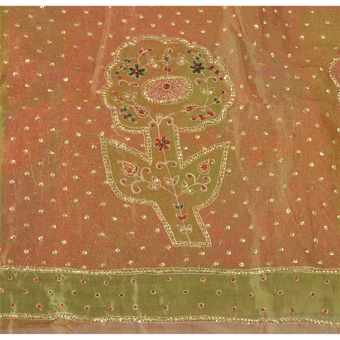 Sanskriti Vintage Orange Sarees Pure Organza Silk Hand Beaded Sari 5YD Fabric