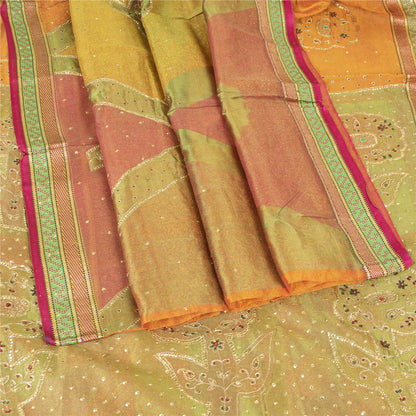 Sanskriti Vintage Orange Sarees Pure Organza Silk Hand Beaded Sari 5YD Fabric