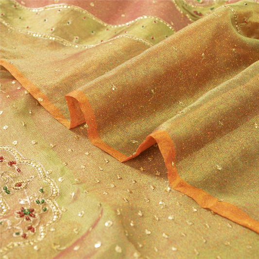 Sanskriti Vintage Orange Sarees Pure Organza Silk Hand Beaded Sari 5YD Fabric