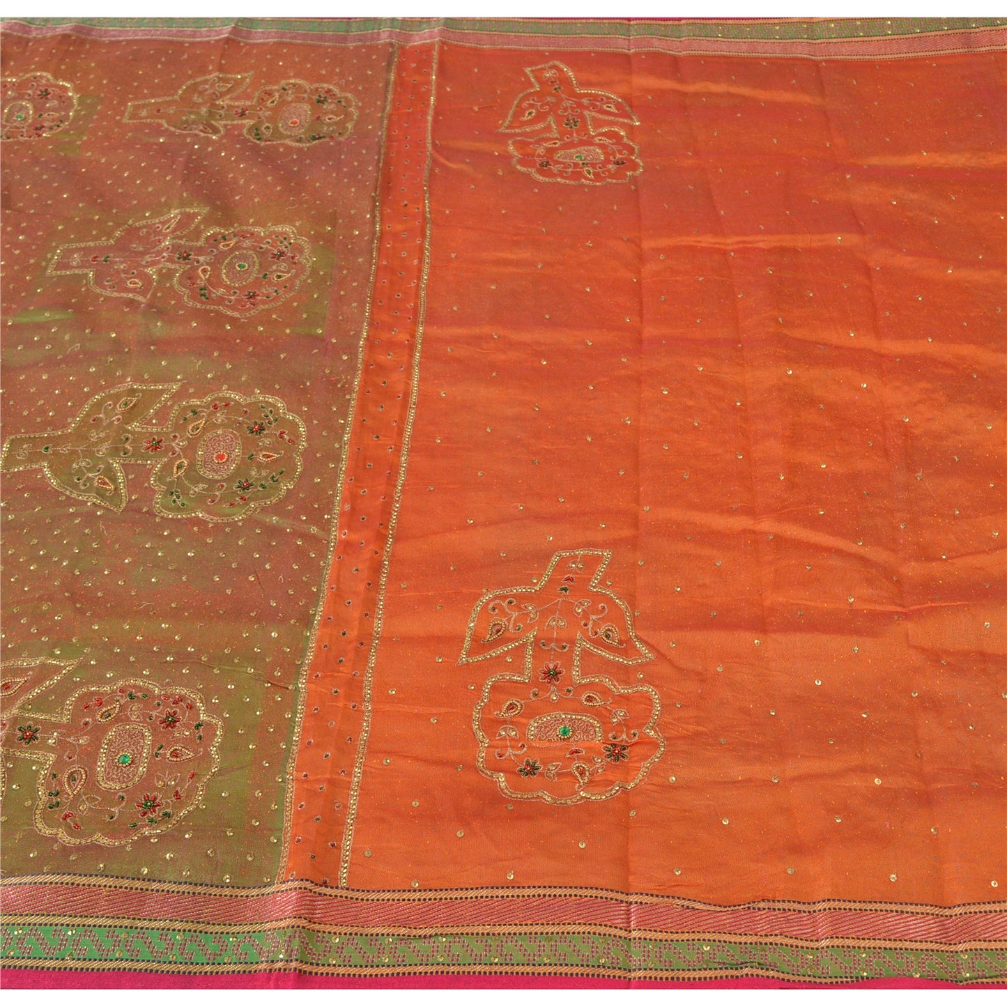 Sanskriti Vintage Orange Sarees Pure Organza Silk Hand Beaded Sari 5YD Fabric