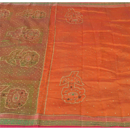 Sanskriti Vintage Orange Sarees Pure Organza Silk Hand Beaded Sari 5YD Fabric