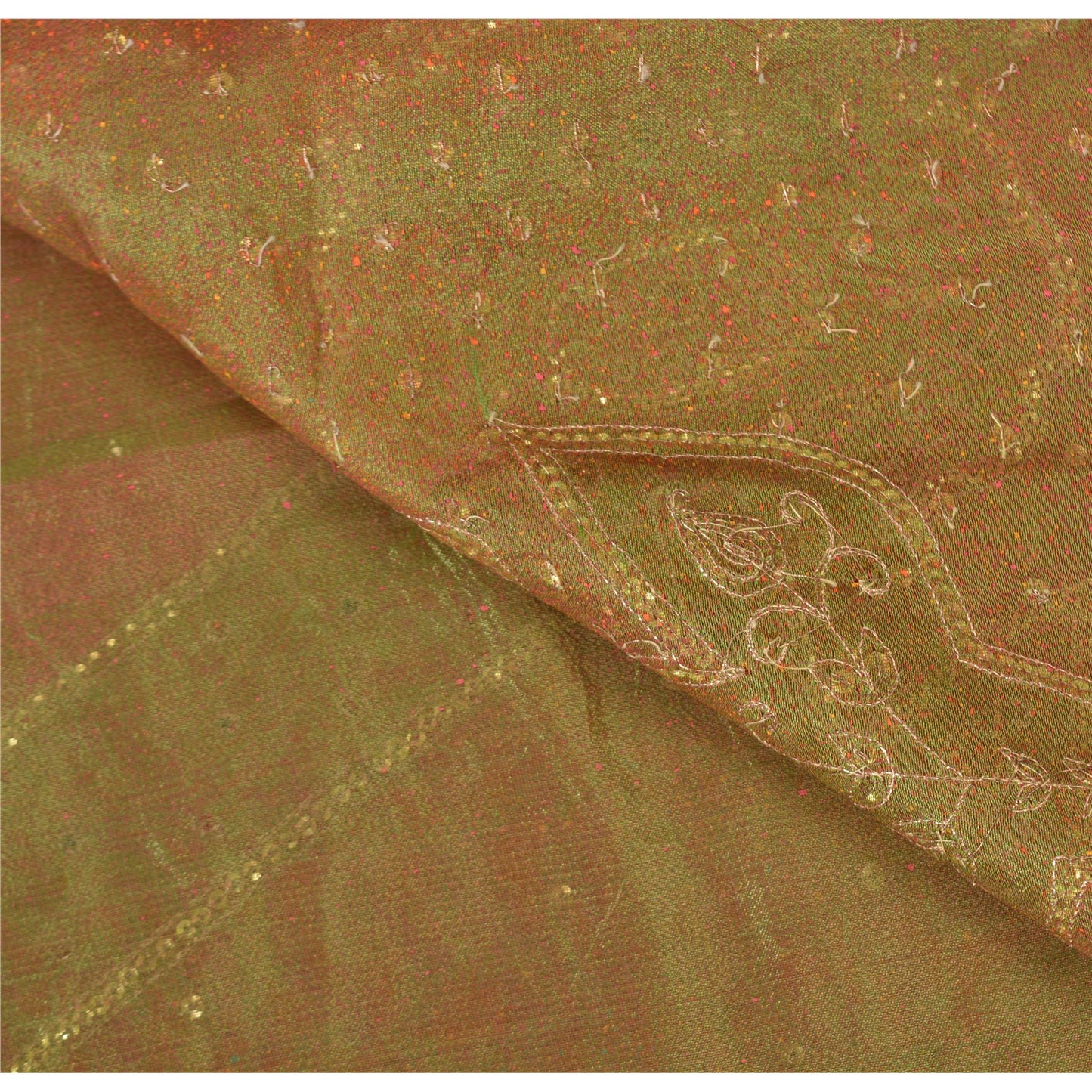 Sanskriti Vintage Orange Sarees Pure Organza Silk Hand Beaded Sari 5YD Fabric