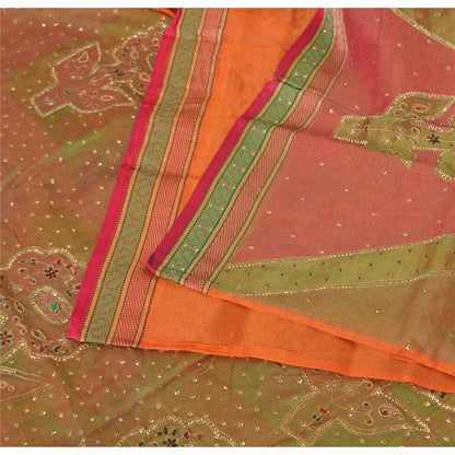 Sanskriti Vintage Orange Sarees Pure Organza Silk Hand Beaded Sari 5YD Fabric