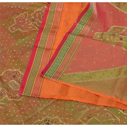 Sanskriti Vintage Orange Sarees Pure Organza Silk Hand Beaded Sari 5YD Fabric