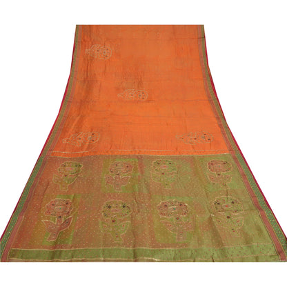 Sanskriti Vintage Orange Sarees Pure Organza Silk Hand Beaded Sari 5YD Fabric