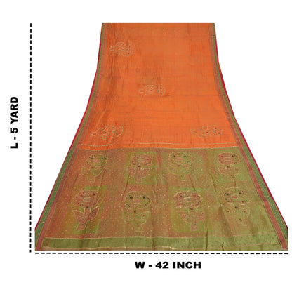 Sanskriti Vintage Orange Sarees Pure Organza Silk Hand Beaded Sari 5YD Fabric