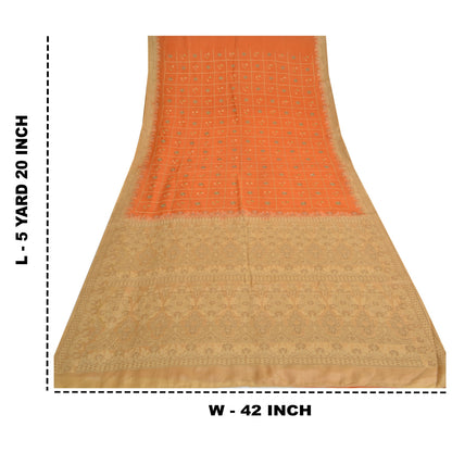 Sanskriti Vintage Orange Sarees Pure Silk Hand Woven Sari 5yrd Craft Fabric