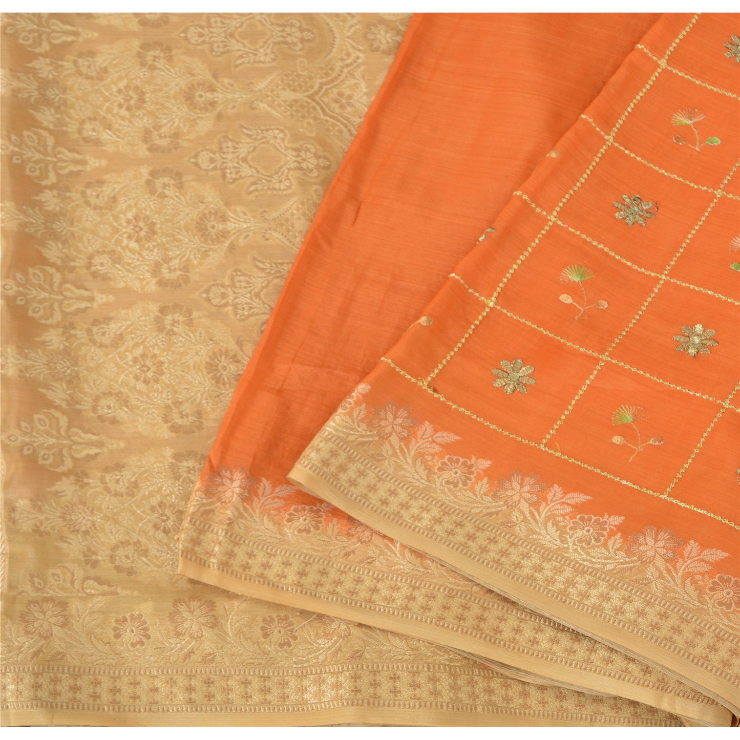 Sanskriti Vintage Orange Sarees Pure Silk Hand Woven Sari 5yrd Craft Fabric