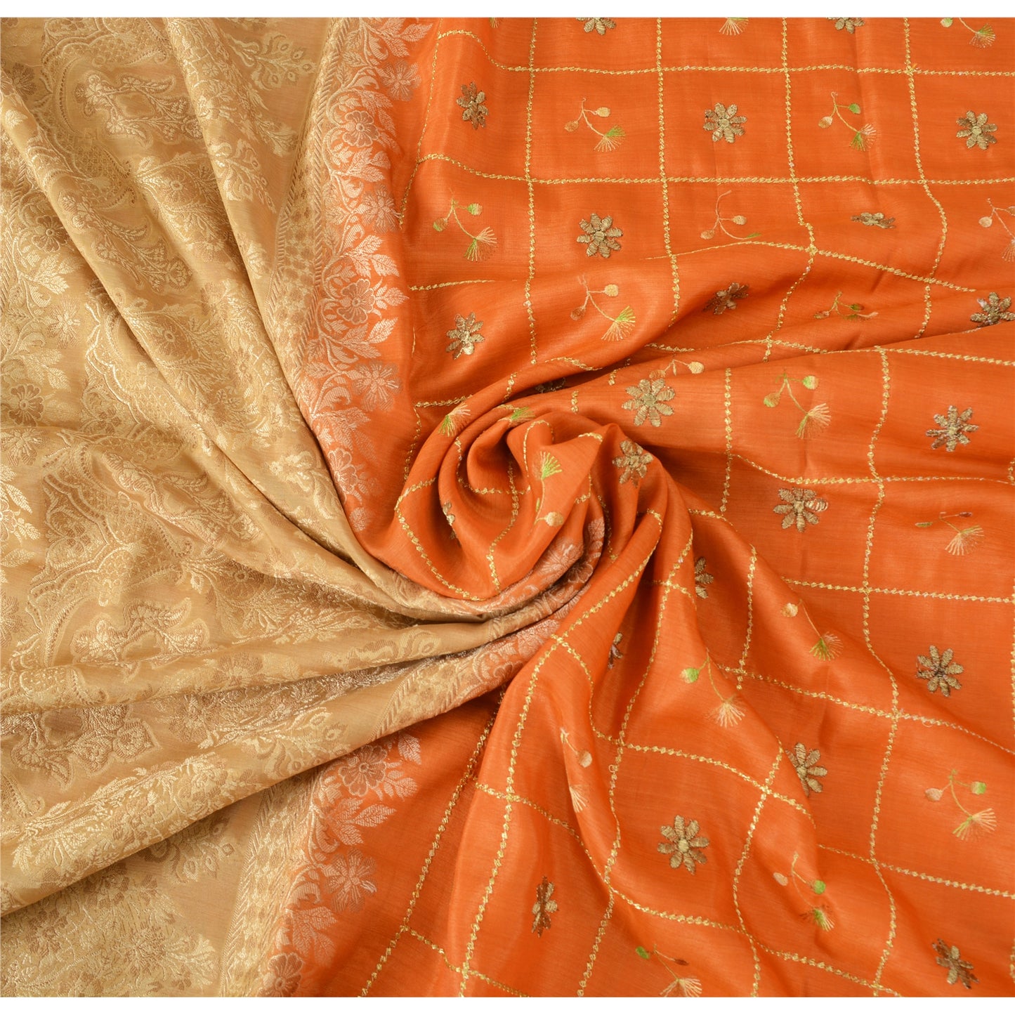 Sanskriti Vintage Orange Sarees Pure Silk Hand Woven Sari 5yrd Craft Fabric