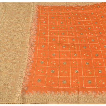 Sanskriti Vintage Orange Sarees Pure Silk Hand Woven Sari 5yrd Craft Fabric