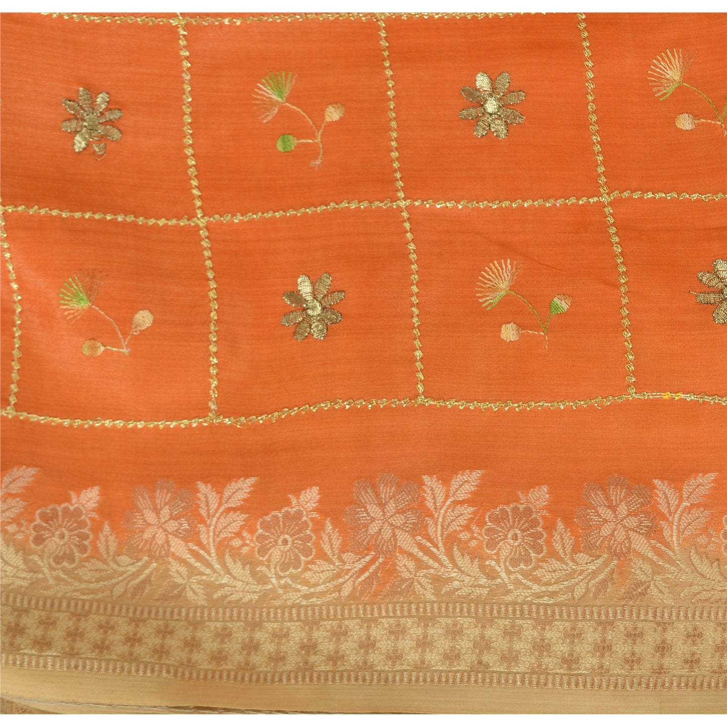 Sanskriti Vintage Orange Sarees Pure Silk Hand Woven Sari 5yrd Craft Fabric