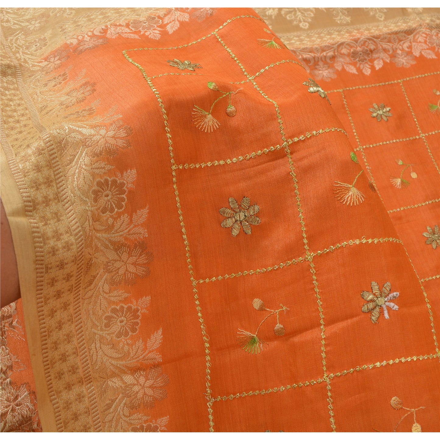 Sanskriti Vintage Orange Sarees Pure Silk Hand Woven Sari 5yrd Craft Fabric