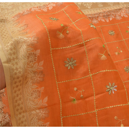 Sanskriti Vintage Orange Sarees Pure Silk Hand Woven Sari 5yrd Craft Fabric