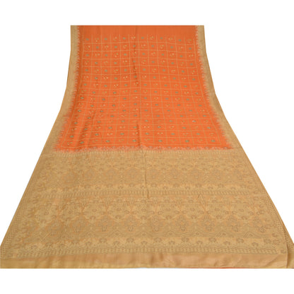 Sanskriti Vintage Orange Sarees Pure Silk Hand Woven Sari 5yrd Craft Fabric