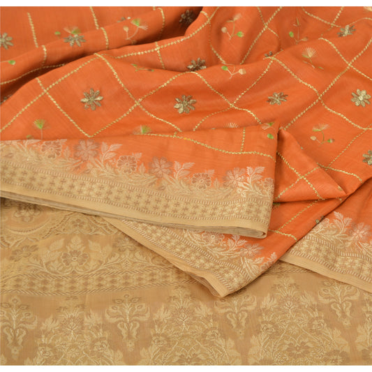 Sanskriti Vintage Orange Sarees Pure Silk Hand Woven Sari 5yrd Craft Fabric