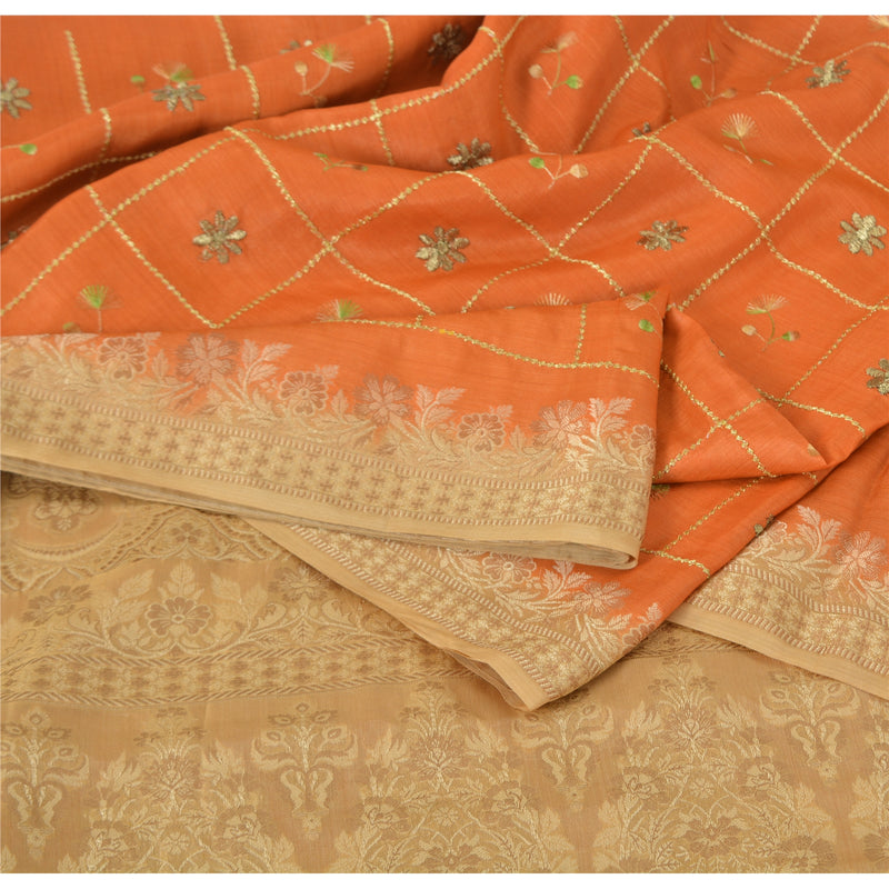 Sanskriti Vintage Orange Sarees Pure Silk Hand Woven Sari 5yrd Craft Fabric
