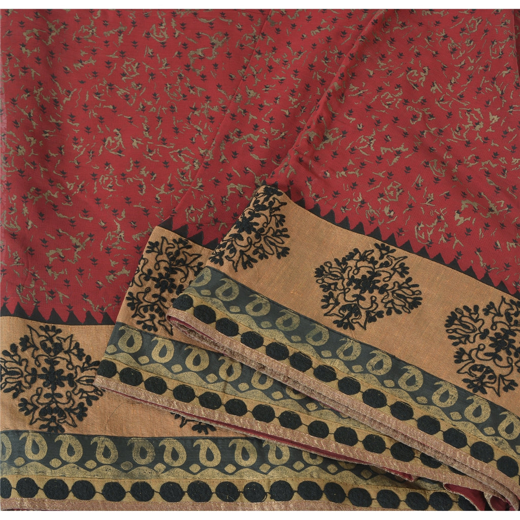 Sanskriti Vintage Sarees Dark Red Pure Georgette Embroidered Printed 5+YD Sari