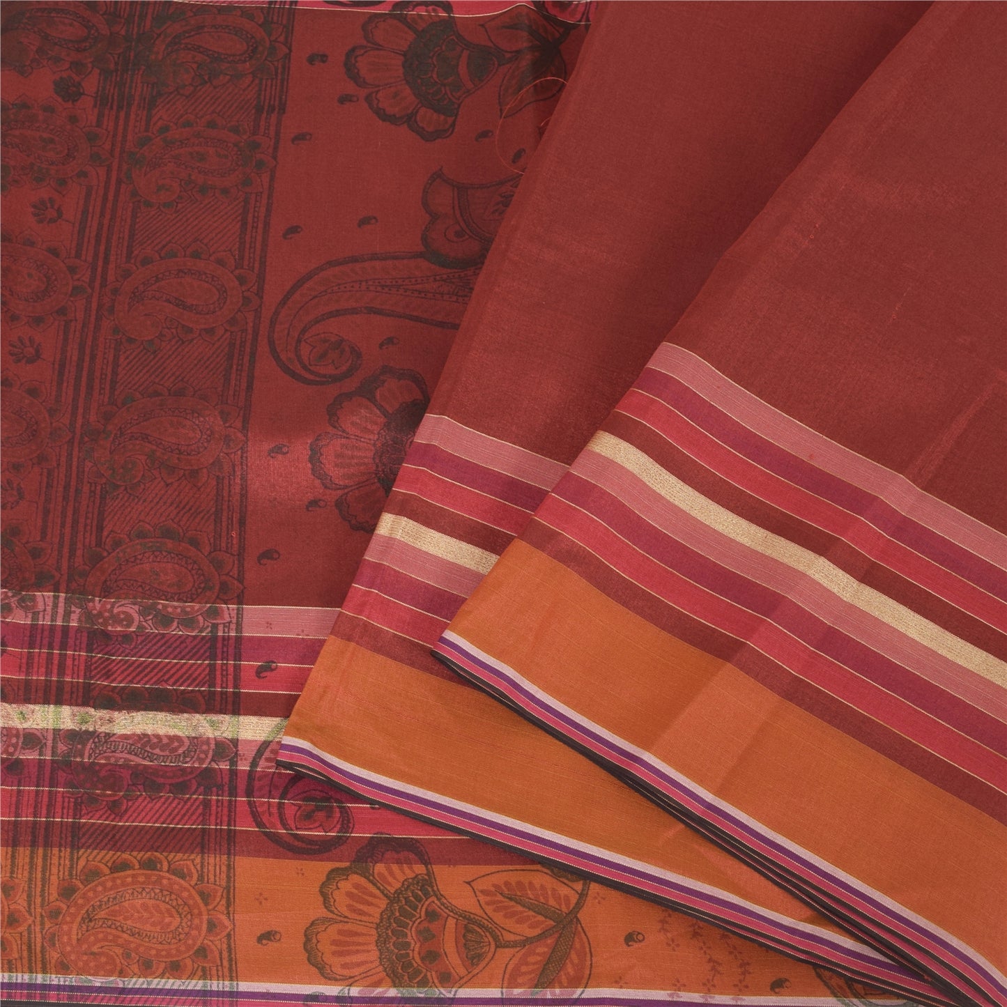 Sanskriti Vintage Orange/Dark Red Sarees Art Silk Woven Painted 5yd Fabric Sari