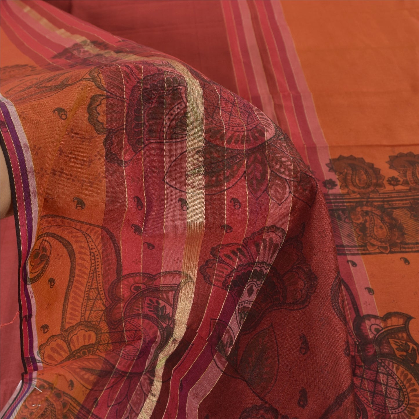 Sanskriti Vintage Orange/Dark Red Sarees Art Silk Woven Painted 5yd Fabric Sari