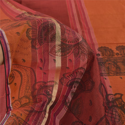 Sanskriti Vintage Orange/Dark Red Sarees Art Silk Woven Painted 5yd Fabric Sari