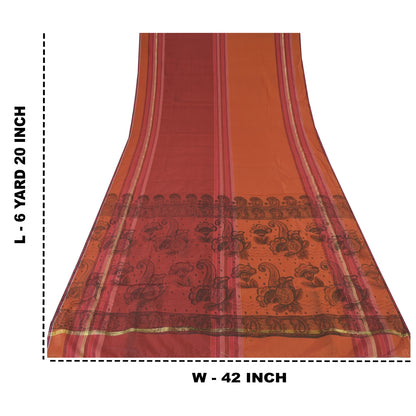 Sanskriti Vintage Orange/Dark Red Sarees Art Silk Woven Painted 5yd Fabric Sari