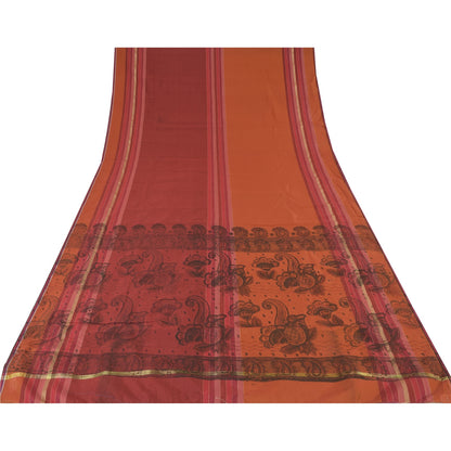 Sanskriti Vintage Orange/Dark Red Sarees Art Silk Woven Painted 5yd Fabric Sari