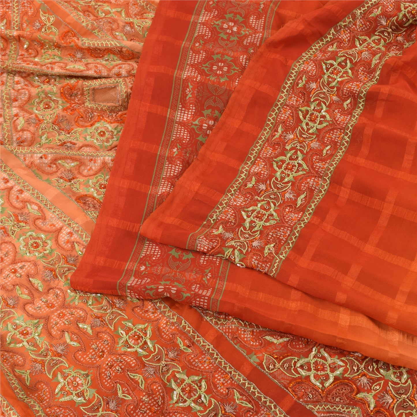 Sanskriti Vintage Indian Sarees Georgette Hand Beaded Craft Fabric Cultural Sari